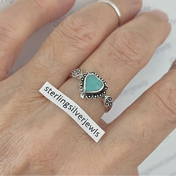 Sterling Silver Victorian Heart Synthetic Turquoise Ring, Love Silver Rings - Picture 12 of 13